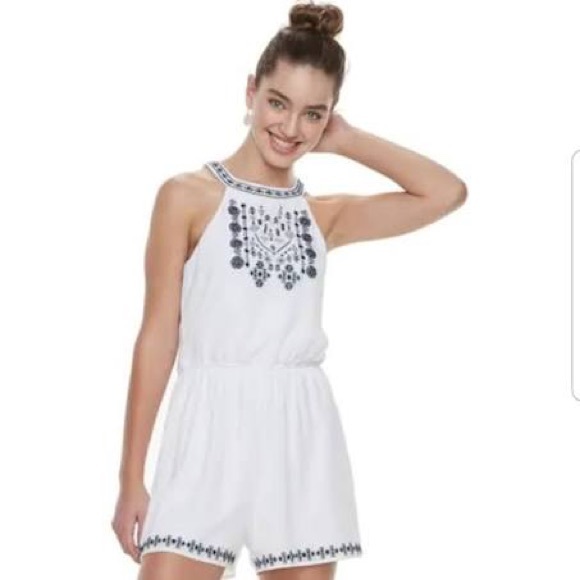 Three Pink Hearts white w/navy embroidered romper - Picture 1 of 12